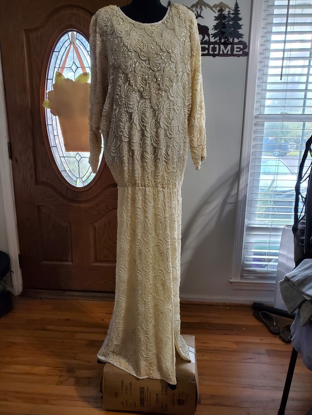 Vintage 80s Fieri Fully Beaded Pearl Lace Gown Ivory Formal Bridal M